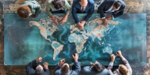 businesspeople gathered around world map table 125269 2087