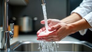 chef washes hands carefully kitchen sink water flows from faucet hygiene safety important 1303267 22309 1