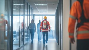 fire safety training session with professionals wearing protective gear guiding employees through smokefilled office hallway 124865 94952