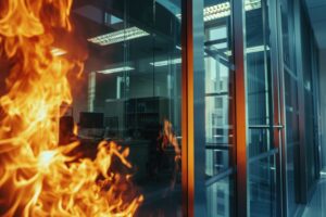 flames visible inside modern office building suggesting fire emergency situation