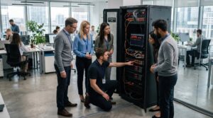 it technicians inspect server rack modern office they are focused resolving network 94120 5718