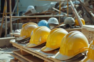 line yellow hard hats construction site symbolizing work safety industrious spirit building development 1323182 28258