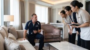 male inspector uses flashlight check sofa pests while hotel housekeeping staff observe 94120 6198