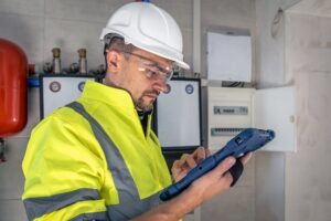 man electrical technician working switchboard with fuses uses tablet 169016 24154