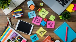 modern digital marketing workspace featuring laptop tablet smartphone wooden desk 98005 10244