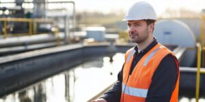 professional worker wearing safety vest helmet overseeing operations near water treatment facility 995663 21681