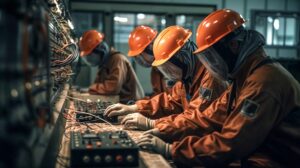 three people wearing orange hard hats are working computer 1196954 2584