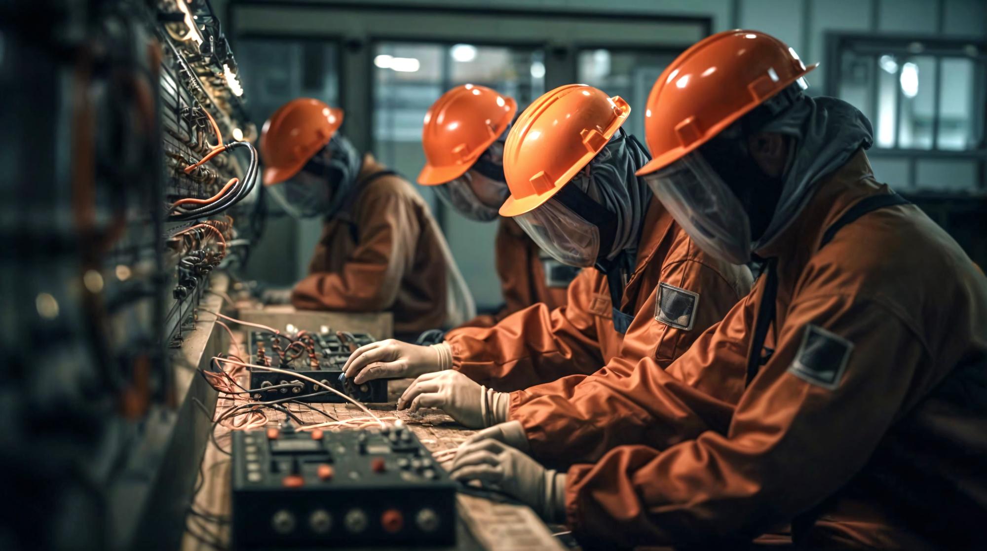 three people wearing orange hard hats are working computer 1196954 2584