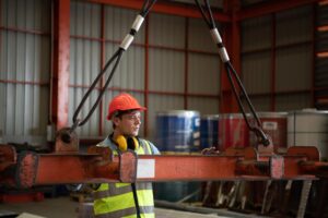two young engineers testing checking operation semi gantry crane 159755 6163