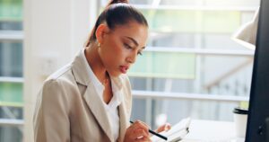 woman notebook review notes office event coordinator inspiration theme worker agenda brainstorming plan party with journal schedule venue reminder confirm budget 590464 524704