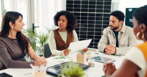 woman team documents with solar panel meeting talk renewable energy innovation office person planning group with sustainability paperwork photovoltaic electricity startup 590464 549979