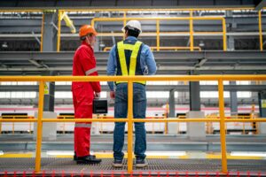 workers discuss plans construction site large industrial facility daylight hours 35752 27926 1
