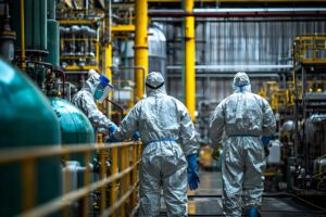 workers protective suits inspect equipment chemical plant 406939 47962