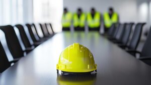 yellow construction helmets safety vests arranged office conference table with black chairs bright overhead light professional workspace setting 1270611 23109