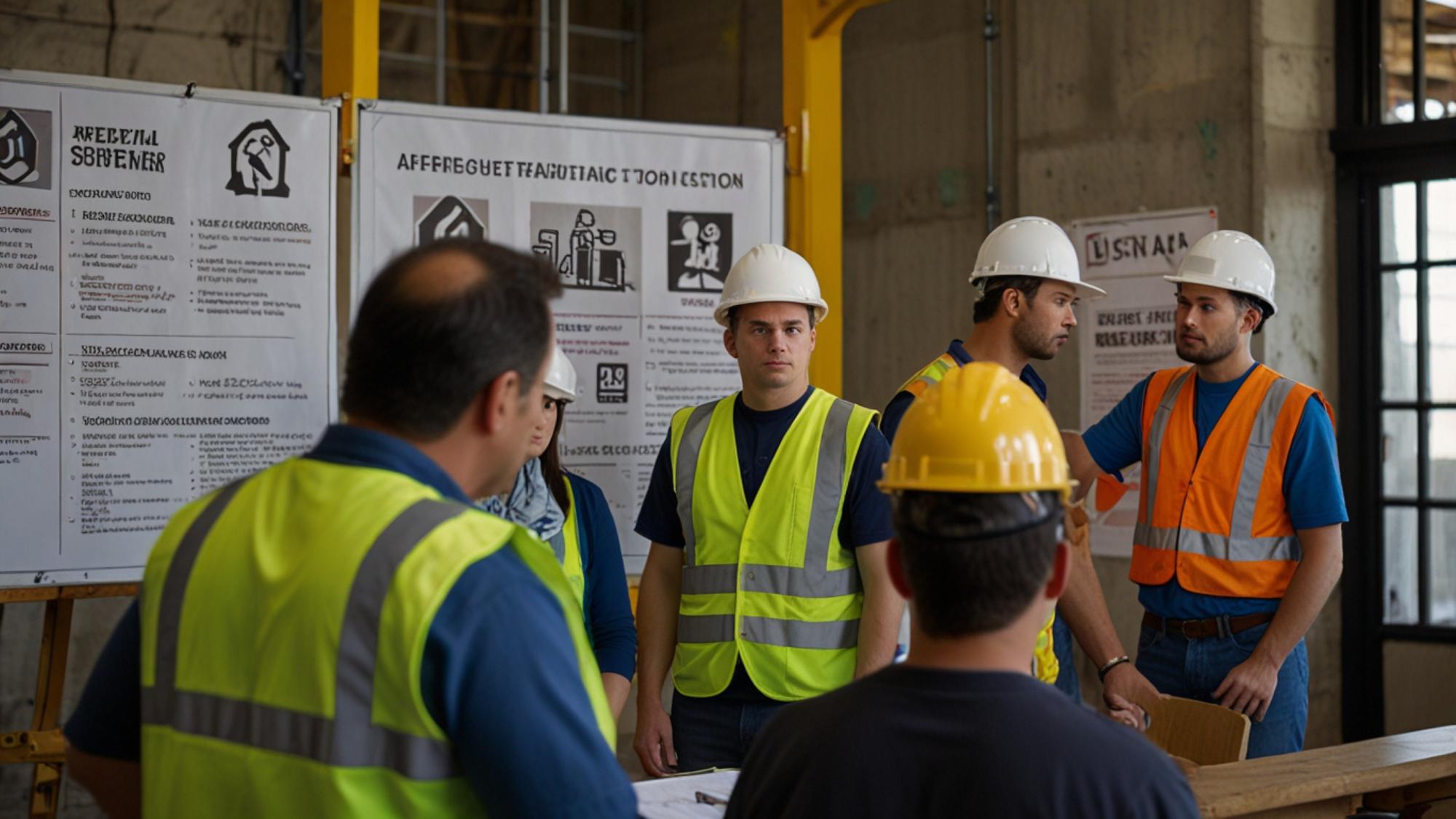group construction workers gathered around safety officer listening instructions 861346 88396
