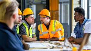 group workers gathered safety meeting discussing protocols procedures 1041545 68193