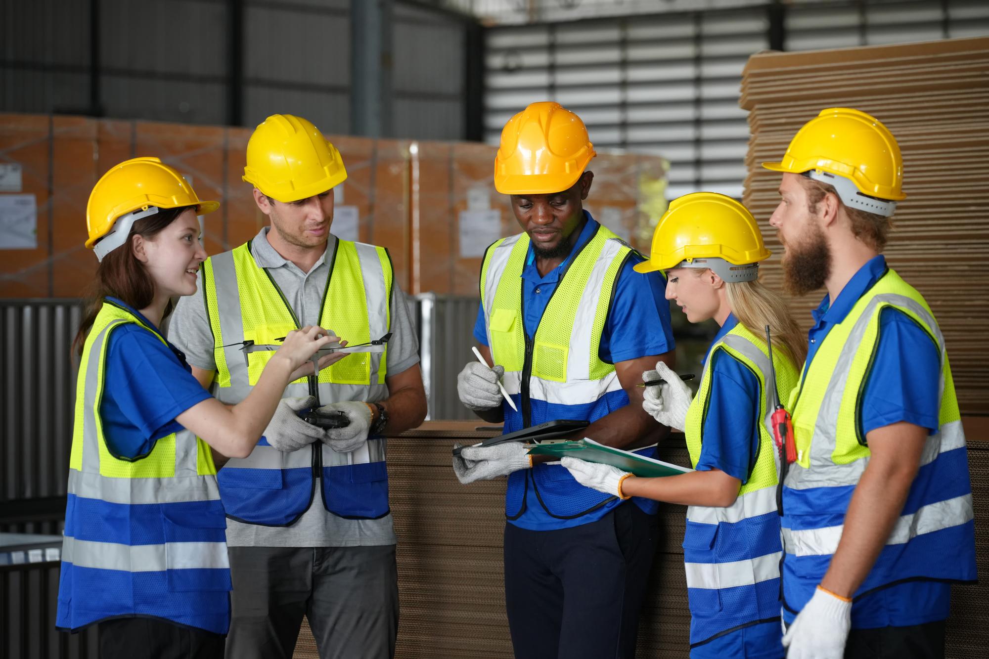 team discusses plans warehouse with safety gear equipment work hours 35752 27945